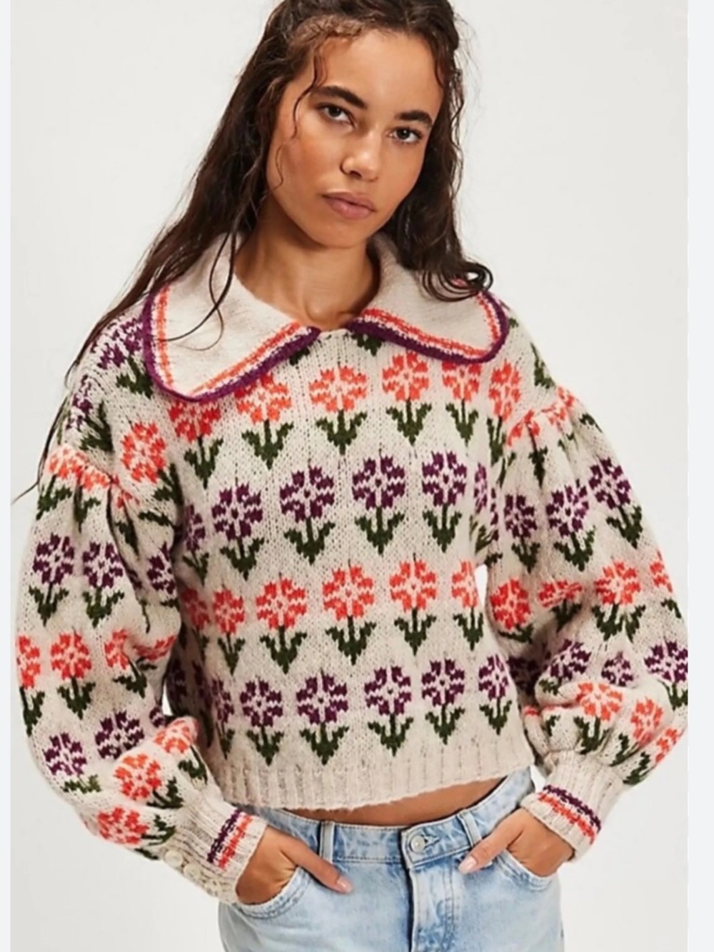 NWOT Free People Cream Knit Floral Sweater with Peter Pan Collar
